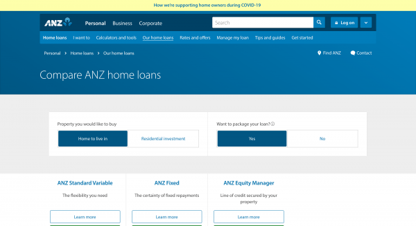 ANZ Home Loan website screenshot