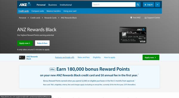 ANZ Rewards Black card website screenshot