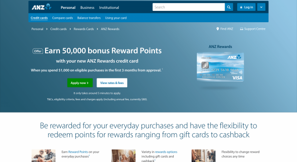 ANZ Rewards card website screenshot