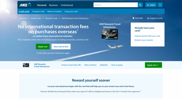 ANZ Rewards Travel Adventures card website screenshot