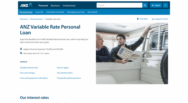 ANZ Variable Rate Loan website screenshot