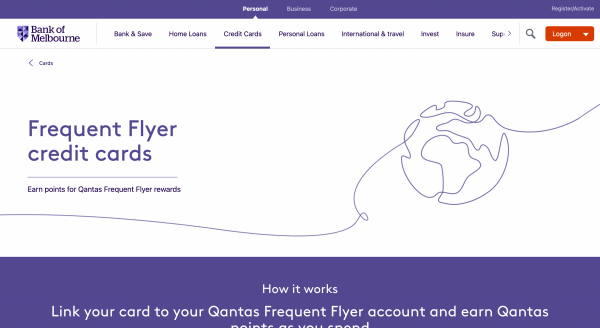 Bank of Melbourne Qantas Rewards cards website screenshot