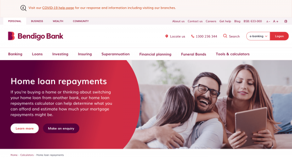 Bendigo Bank Home Loan website screenshot
