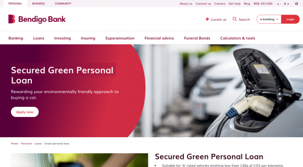Bendigo Bank Secured Green Personal Loan website screenshot