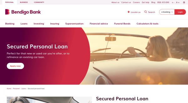 Bendigo Bank Unsecured Personal Loan website screenshot