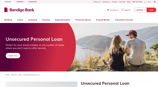 Bendigo Bank Secured Student Personal Loan website screenshot