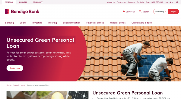 Bendigo Bank Unsecured Green Personal Loan website screenshot