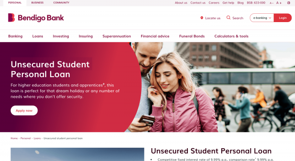 Bendigo Bank Unsecured Student Personal Loan website screenshot