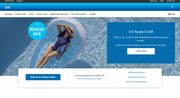 Citi Clear Card website screenshot