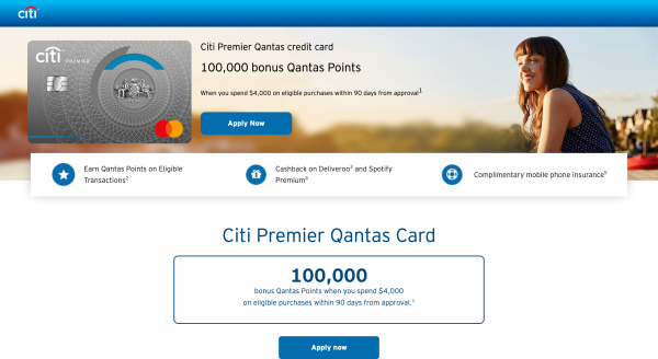 Citi Premier Qantas Card website screenshot