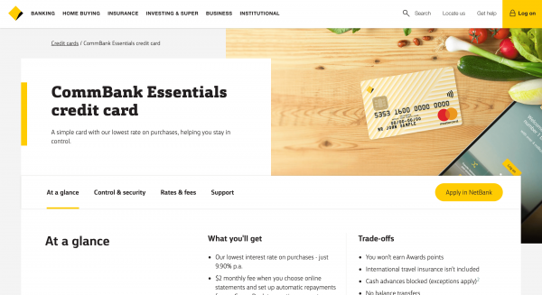 Commbank Credit Card website screenshot