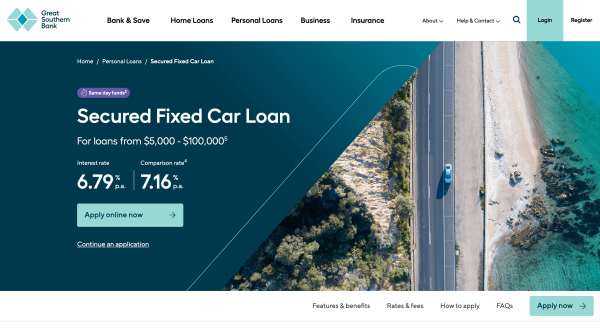 Great Southern Bank Secured Fixed Car Loan website screenshot
