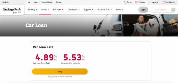 Heritage Bank Car Loan website screenshot