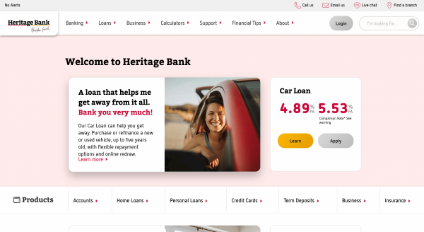 Heritage Bank website screenshot