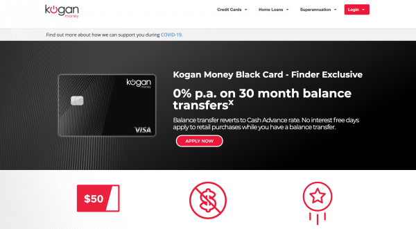Kogan Money Black Card website screenshot