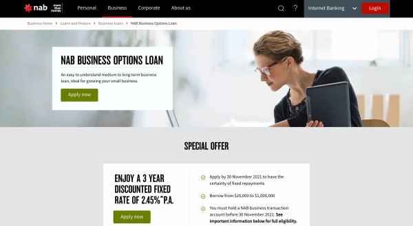 NAB Business Options Loan website screenshot
