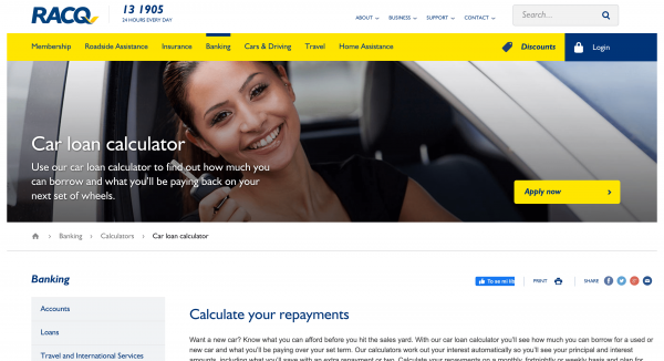 RACQ - Car Loan website screenshot