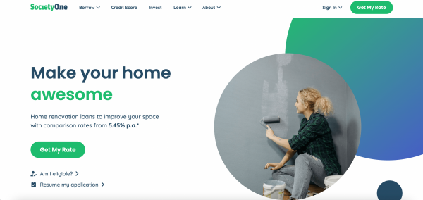 SocietyOne Home Renovation Loan website screenshot