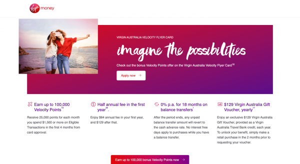 Virgin Australia Velocity Flyer Card website screenshot