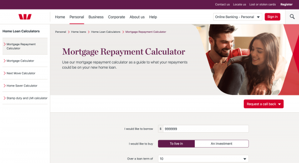 Westpac Home Loan website screenshot